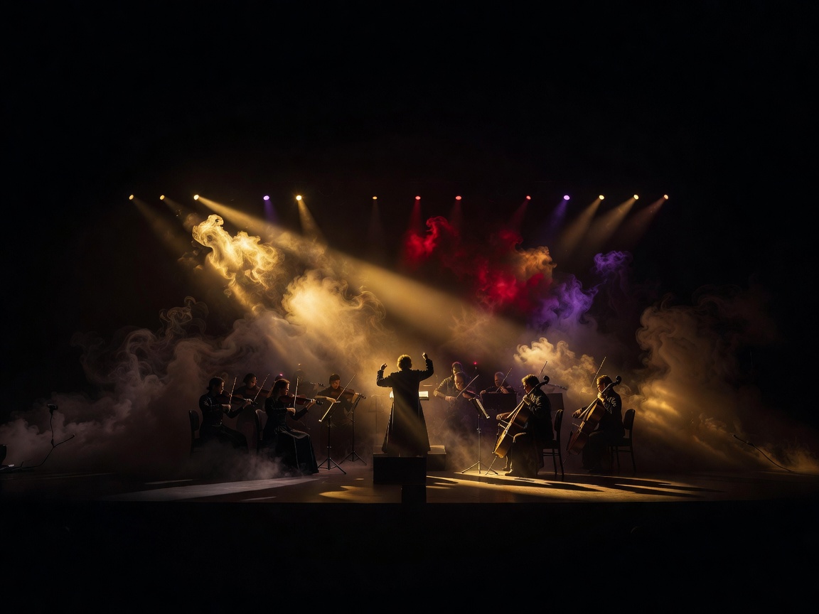 Konserttilavan dramaattinen valaistus ja savuefektit tummalla taustalla, kuvituskuva Elden Ring Shadow of the Erdtree -soundtrackin syväluotaukseen