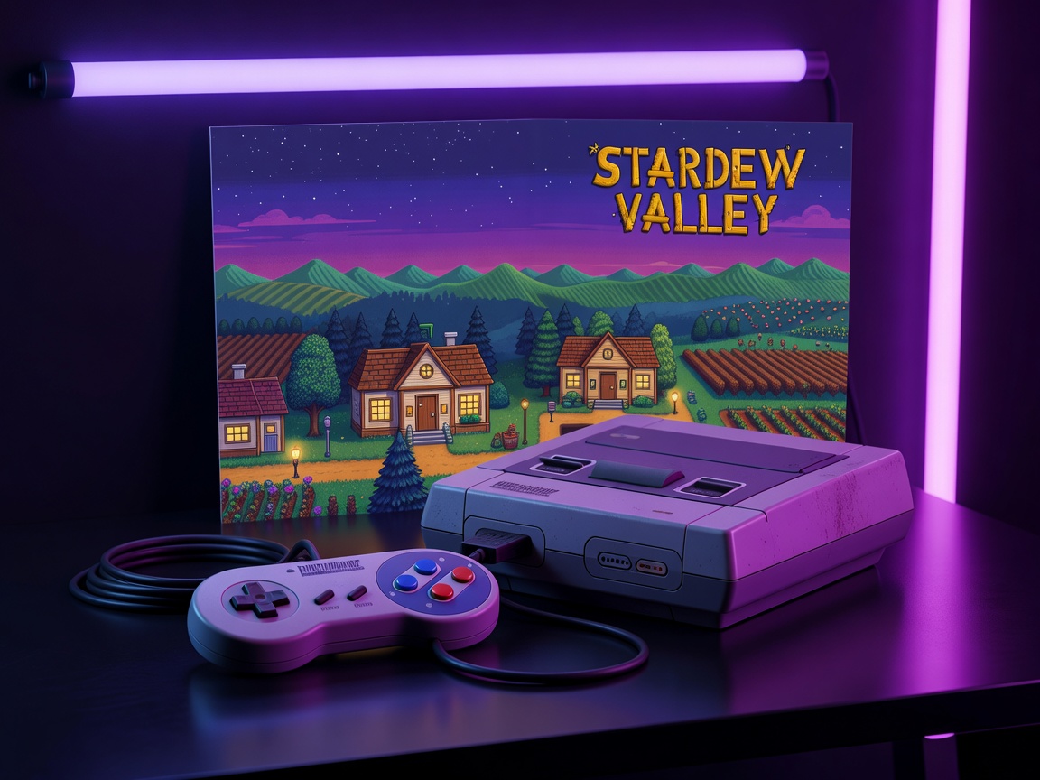 Retropelikonsoli ja ohjain violetissa neonvalossa, kuvituskuva Stardew Valleyn päivitetylle soundtrackille