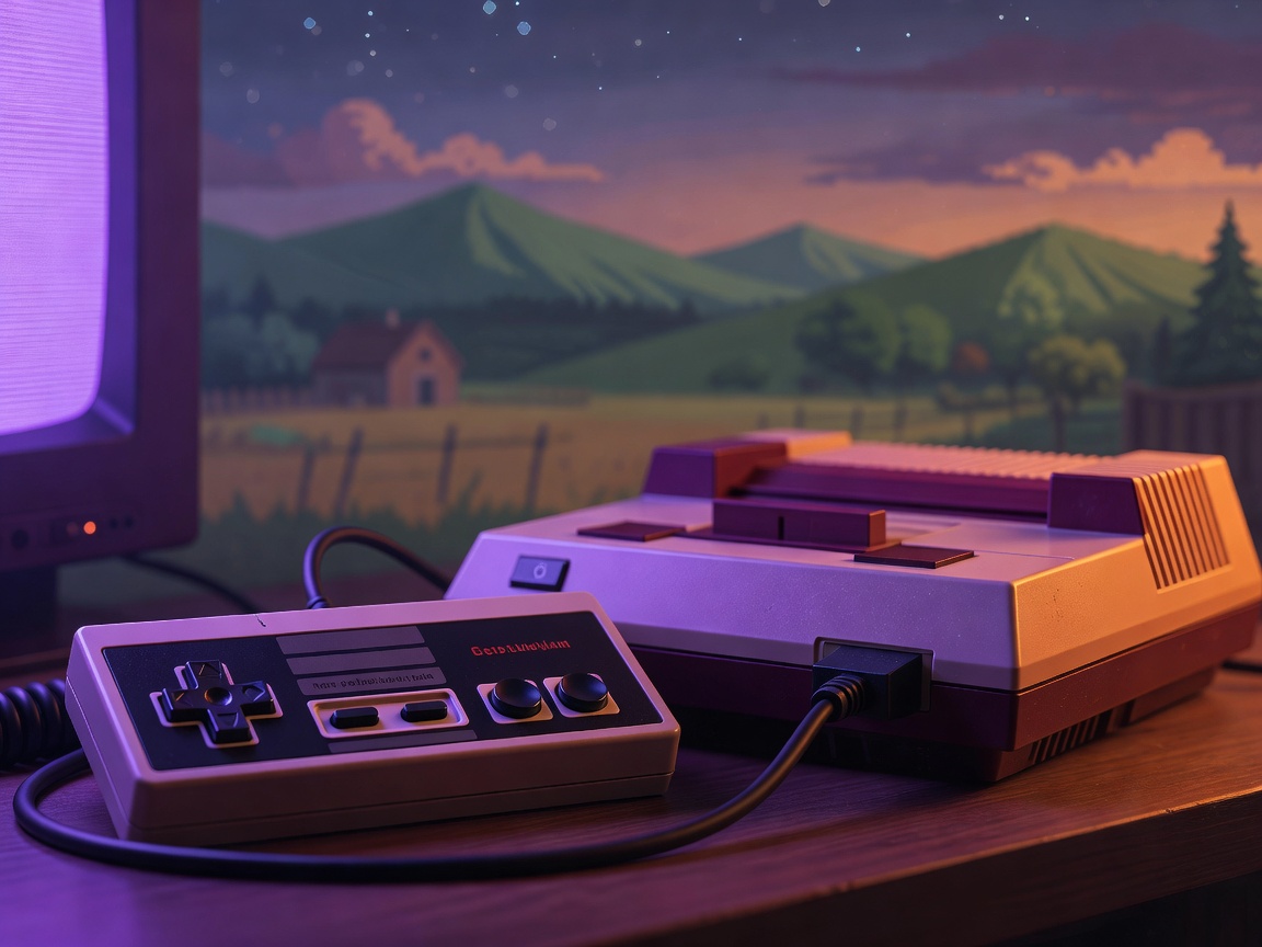 Retropeliohjain ja konsoli violetissa ja oranssissa neonvalossa, kuvituskuva Stardew Valleyn päivitetyn soundtrackin artikkeliin