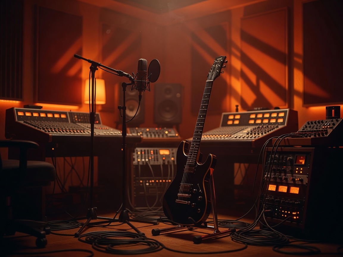 Sähkökitara ja äänitysstudion laitteet hämärässä oranssissa valaistuksessa, tunnelmakuva Hades II -soundtrackin arvioon
