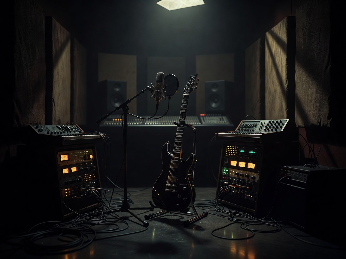 Sähkökitara ja studiolaitteita hämärässä äänitysstudiossa, tunnelma kuin Hades II -soundtrackin äänityksissä