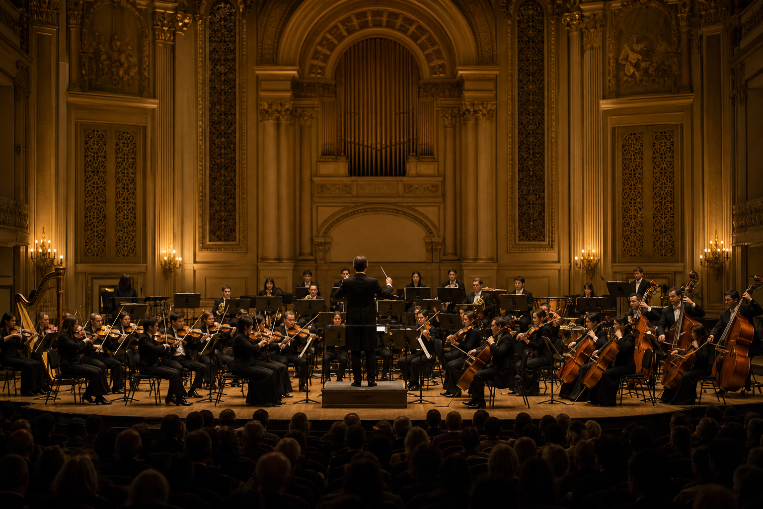 Sinfoniaorkesteri esiintymässä juhlavassa konserttisalissa, kuvituskuva Zelda-sinfoniakiertueen artikkeliin