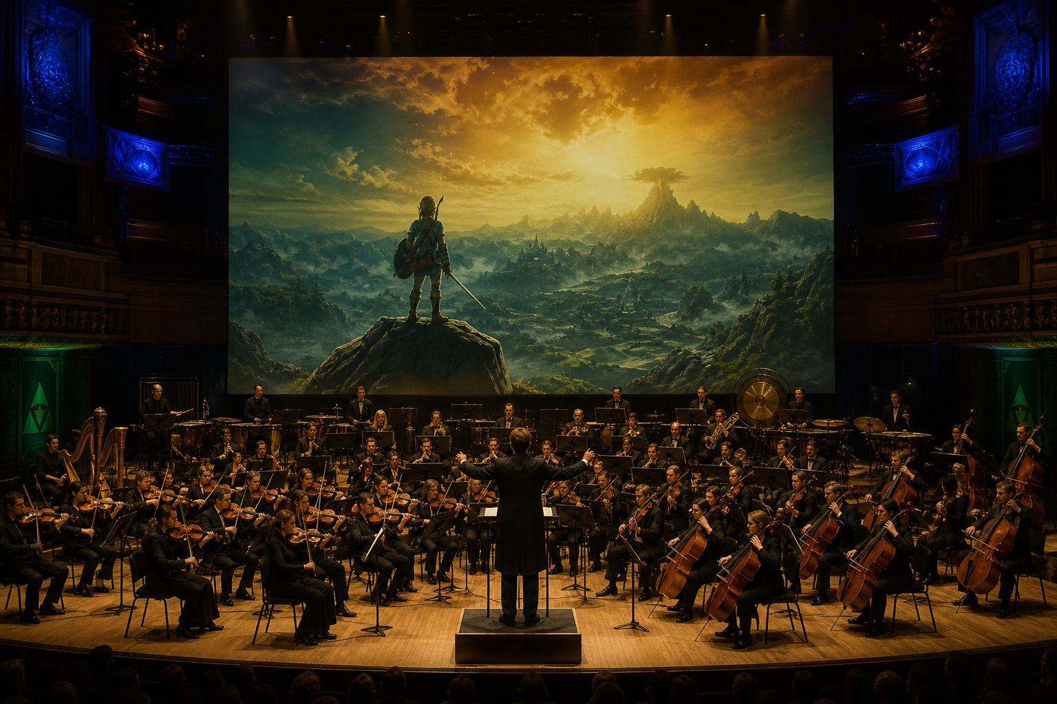 Sinfoniaorkesteri esiintymässä konserttisalissa, kuvituskuva Zelda-sinfoniakiertueelle