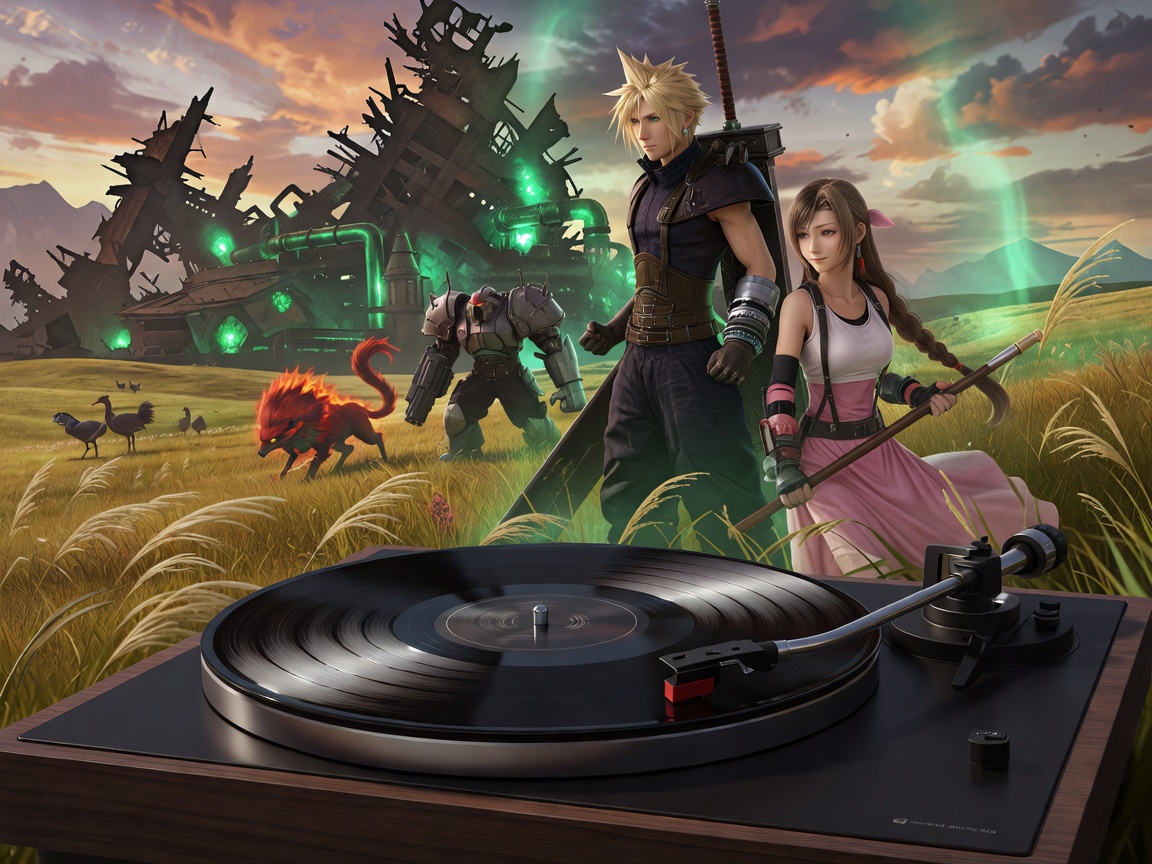 Vinyylilevy pyörimässä levysoittimella, kuvituskuva Final Fantasy VII Rebirth -vinyyliboksille